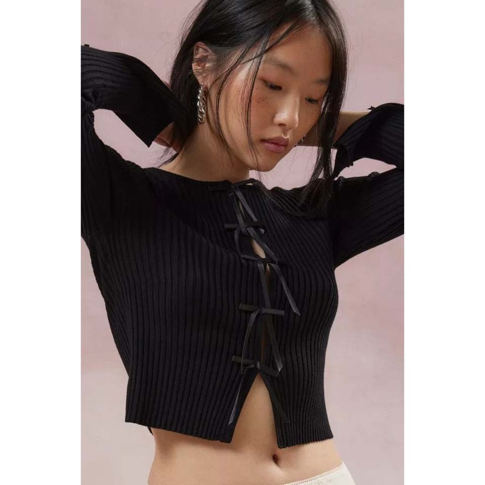 Kimchi Blue Ribbed Bow Front Cropped Cardigan Sweater Whimsygoth Dark Fairy